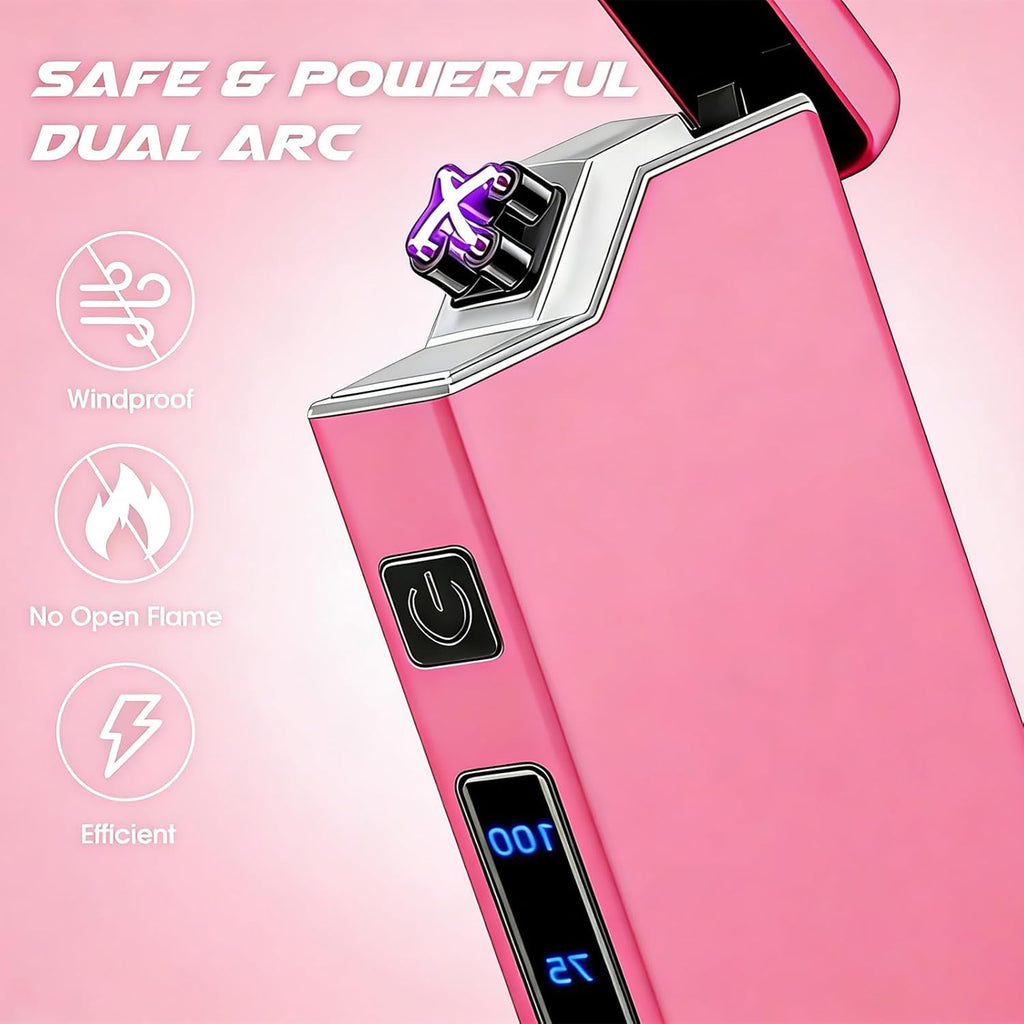 Electric Pink Lighter Dual Arc Plasma Lighter, Windproof Flameless Cool Electronic Lighters, Rechargeable USB with LED Battery Indication, Pocket Metal Lighters for Candles, Camping Unisex