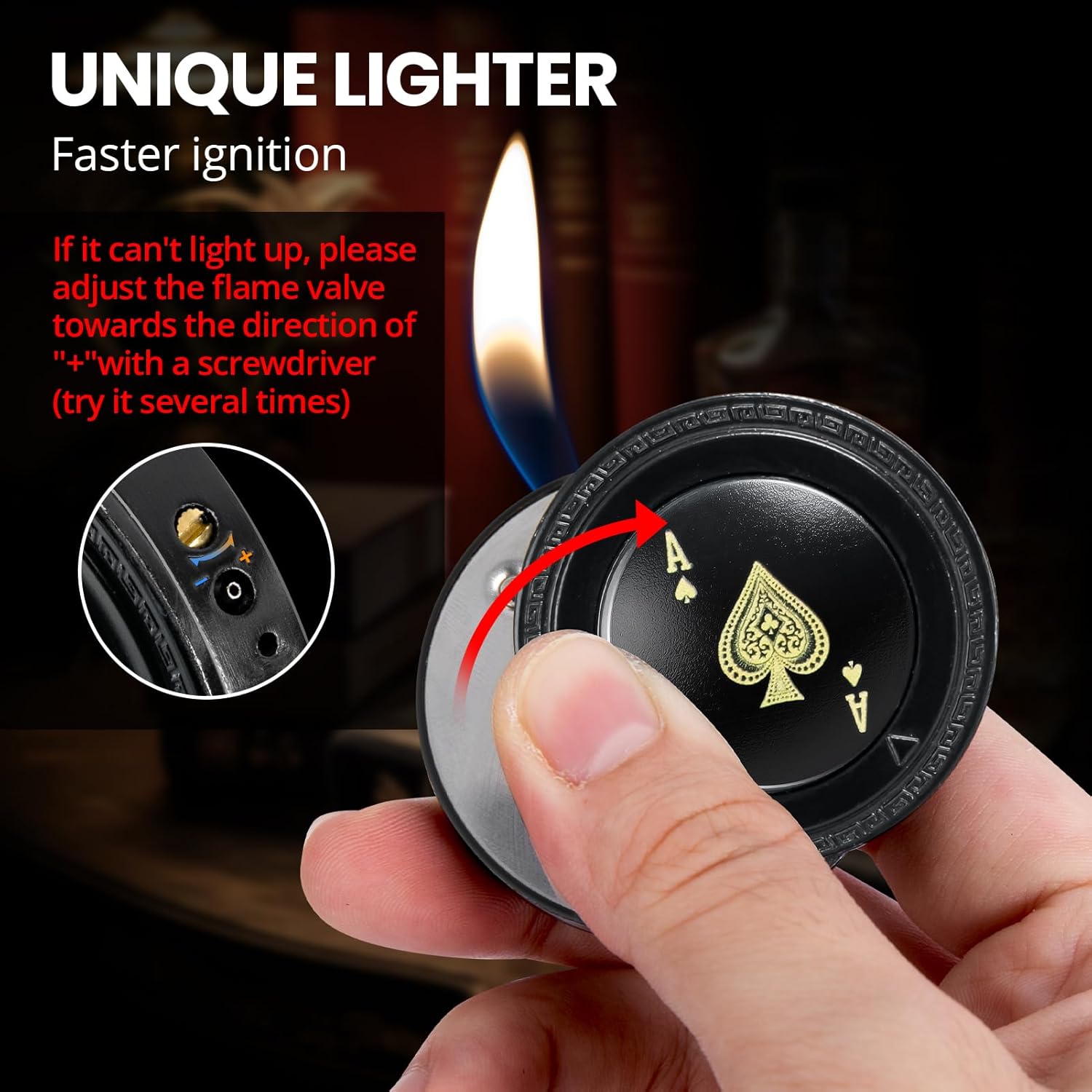 CHOICEDC Cool Lighter for Men, Refillable Butane Lighter, Ace of Spades Cute Lighters, Funny Soft Flame Lighters with Ace Design,Unique Gifts for Men/Women (No Gas)