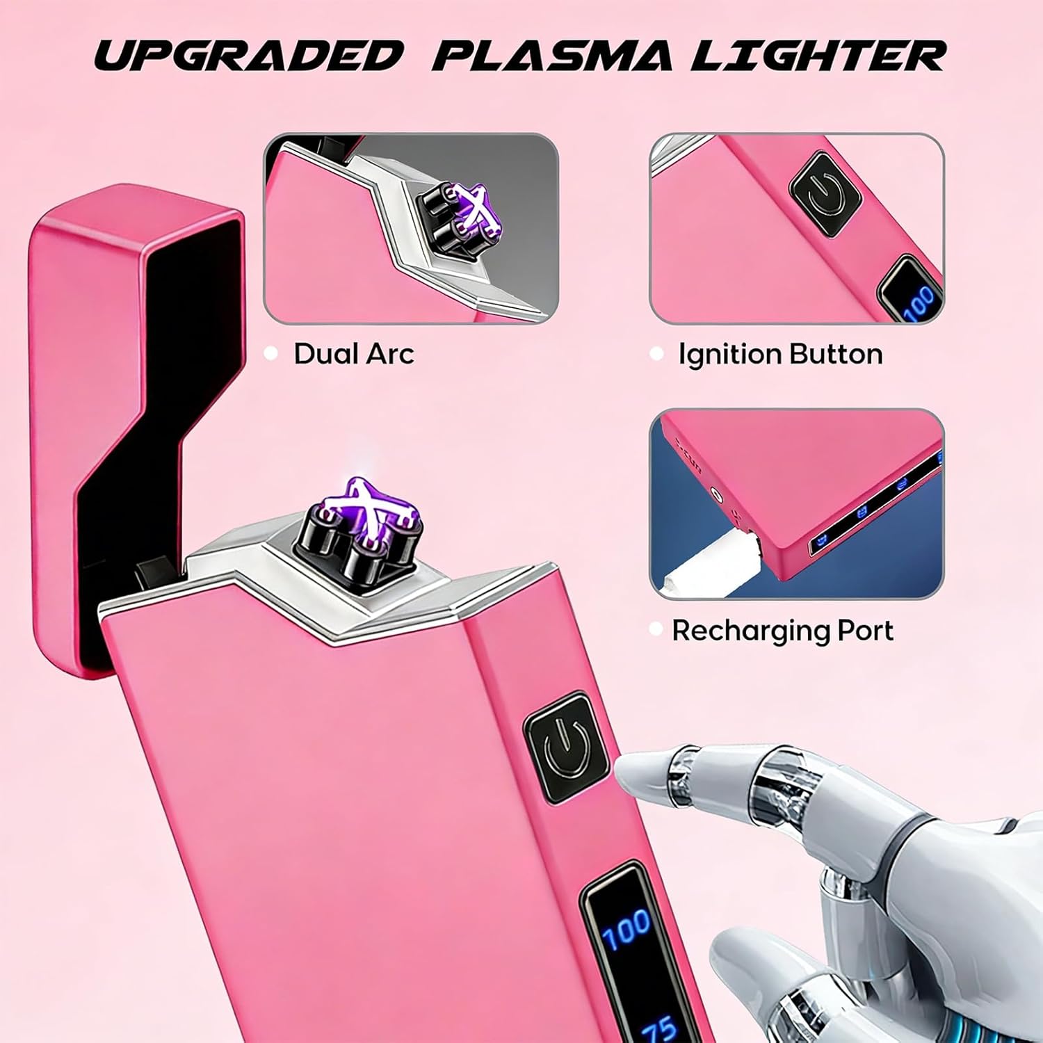 Electric Pink Lighter Dual Arc Plasma Lighter, Windproof Flameless Cool Electronic Lighters, Rechargeable USB with LED Battery Indication, Pocket Metal Lighters for Candles, Camping Unisex