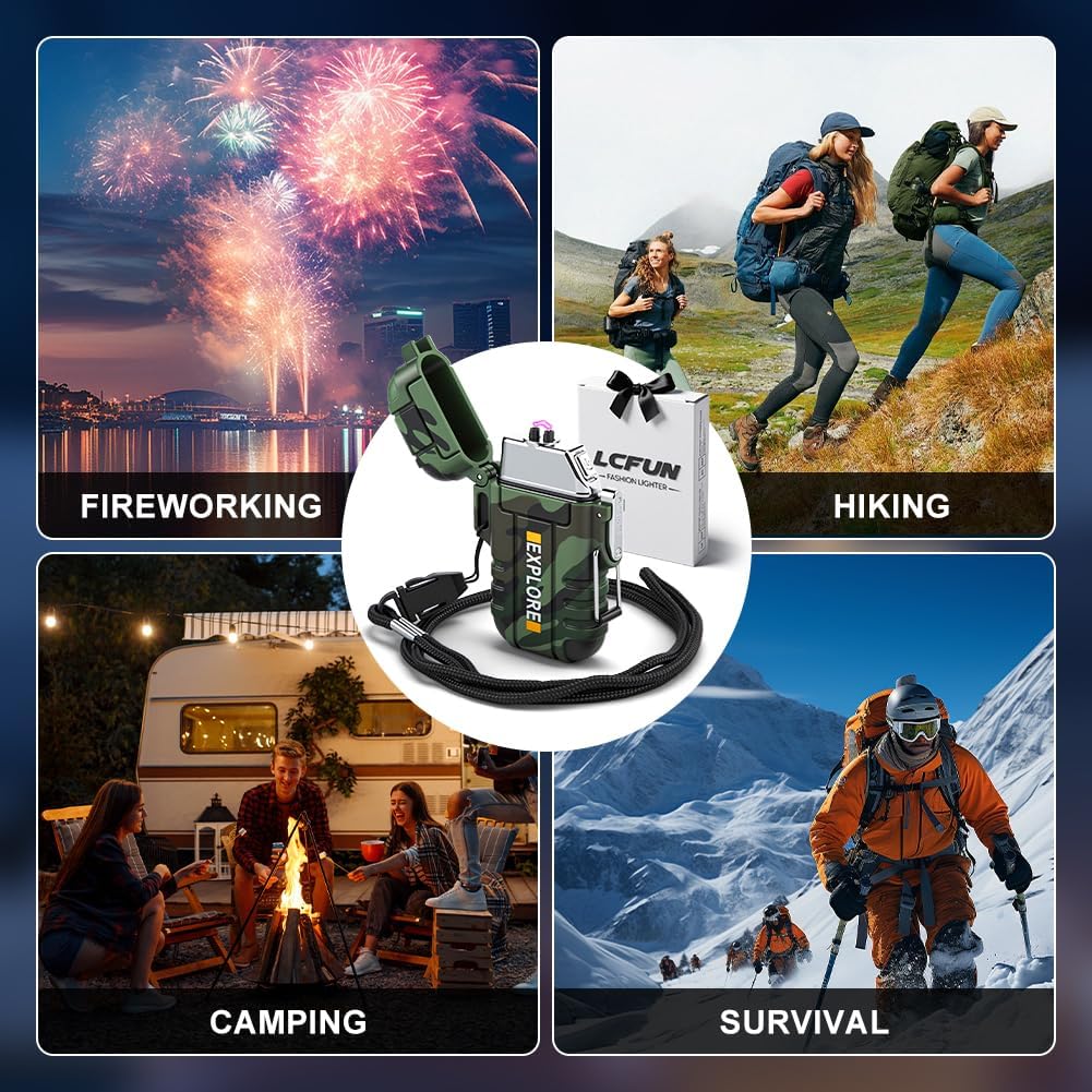 LcFun Electric Lighter USB C Rechargeable Plasma Lighter Windproof Flameless Arc Lighters, Waterproof Matches for Camping Hiking Hunting, Survival Tactical Gear Gifts for Men Fathers Husband